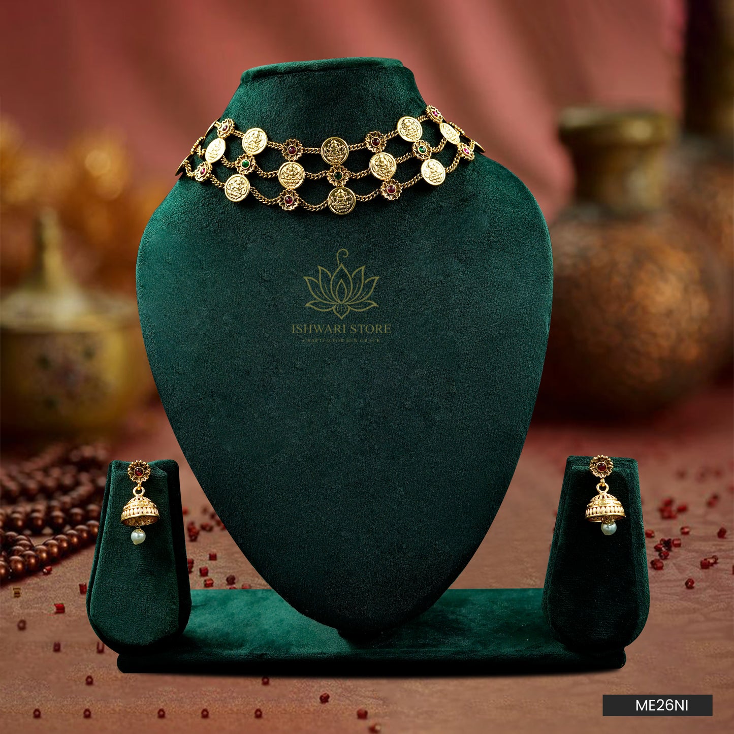 3 Layer Lakshmi Coin Choker Necklace Set (ME26N1)