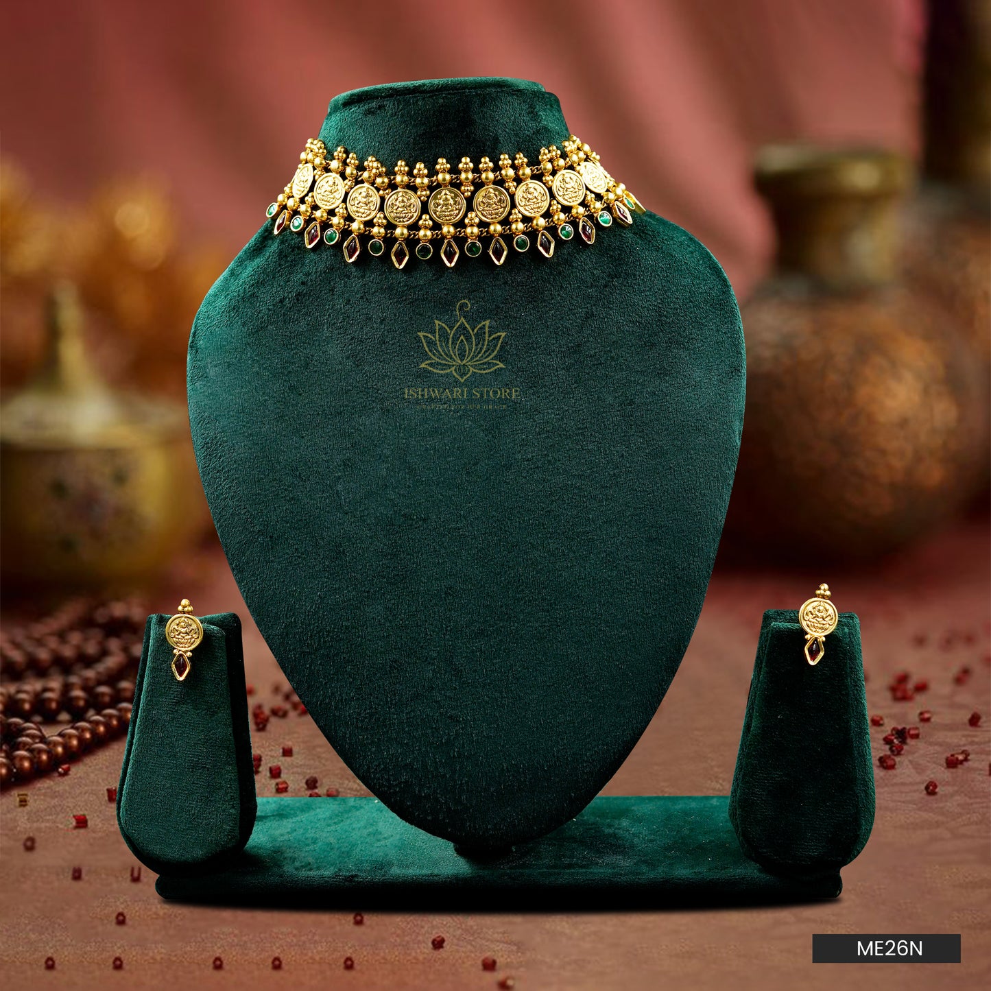 Lakshmi Coin Choker Green Color AD Stone Necklace Set (ME26N)
