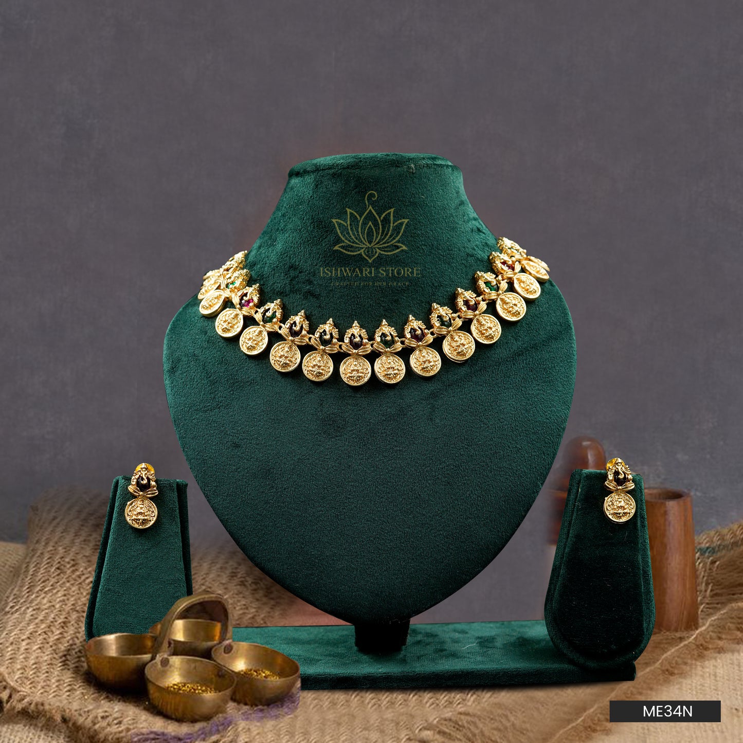 Gems Stone Multi Coin Temple Necklace Set (ME34N)