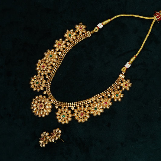 Gold Plated Multi Floral Pendant Necklace Set (ME28N)