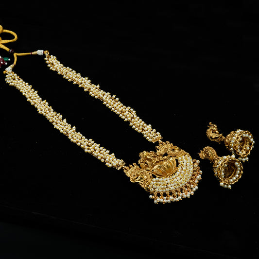 White Cluster Beads Lakshmi Pendant Haram With Earrings (ME30N)