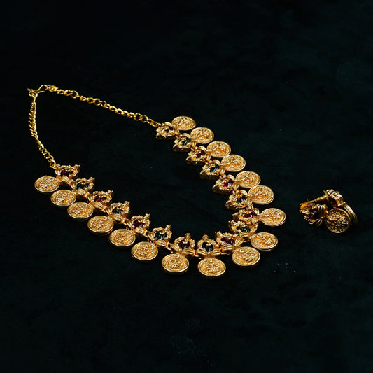 Gems Stone Multi Coin Temple Necklace Set (ME34N)