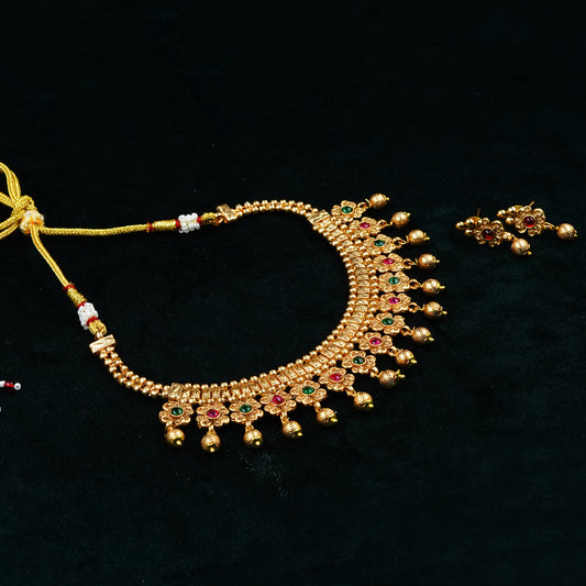 Multi Floral Hanging Gold Beads Necklace Set (ME39N)