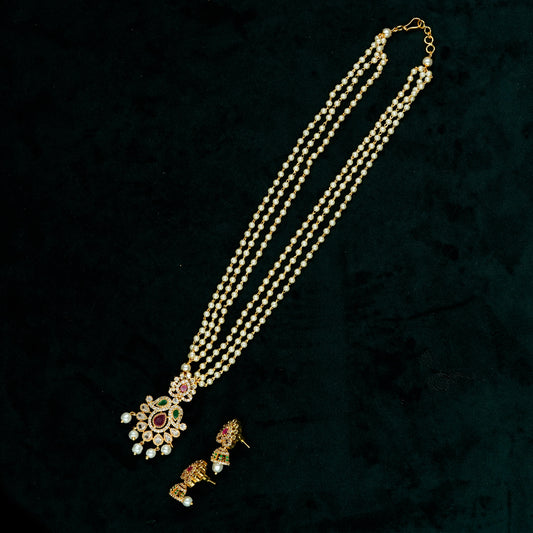 3 Layer Pearl Chain AD Pendant Neckpiece Set (ME43N)