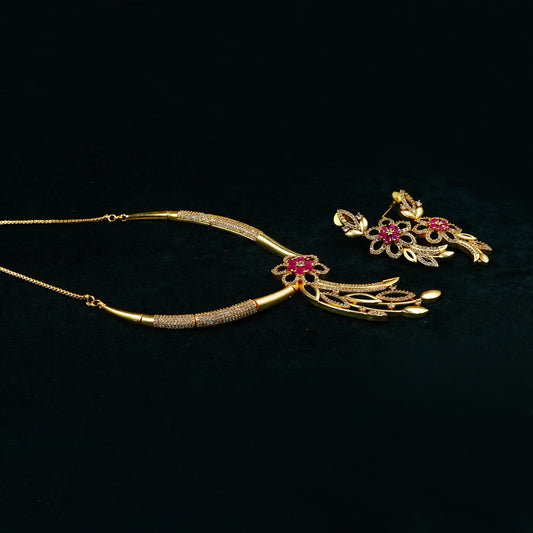 Gold Plated Ruby Flower and Leaf Pendant AD Necklace Set (ME47N)