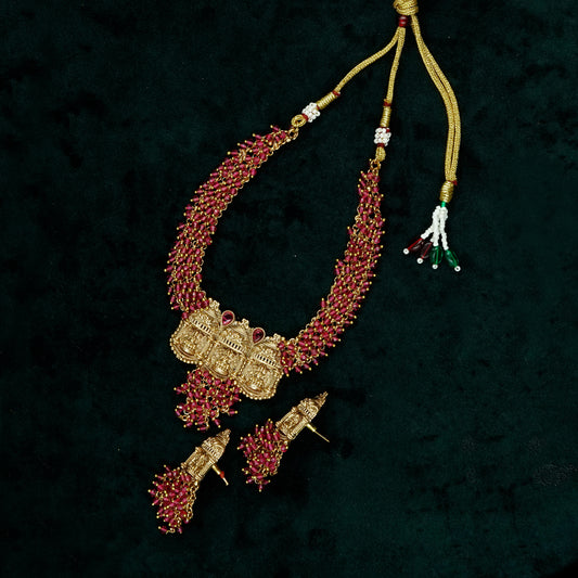 Ruby Seed Beads with Lakshmi Pendant Necklace Set (ME48N)