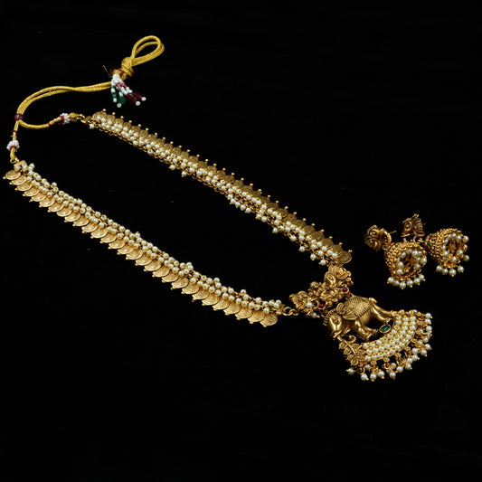 Idol coin white bead haram with elephant pendant (ME49N)