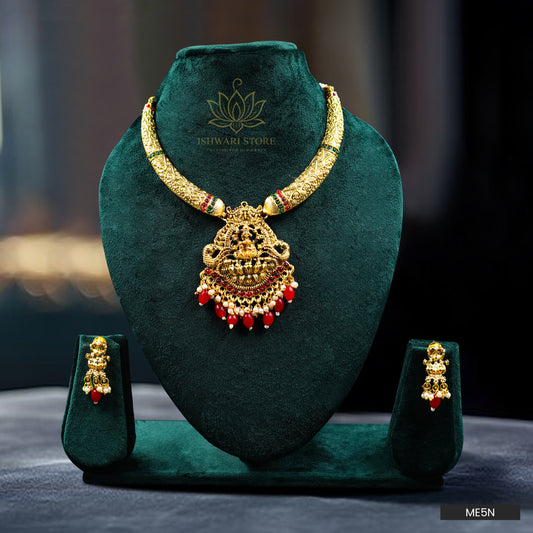 Temple Jewellery With Red Bead Hanging Pendants Neckpiece Set (ME5N)