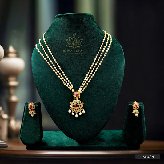 3 Layer Pearl Chain AD Pendant Neckpiece Set (ME43N)