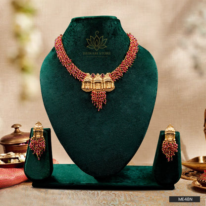 Ruby Seed Beads with Lakshmi Pendant Necklace Set (ME48N)