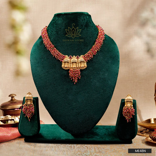 Ruby Seed Beads with Lakshmi Pendant Necklace Set (ME48N)