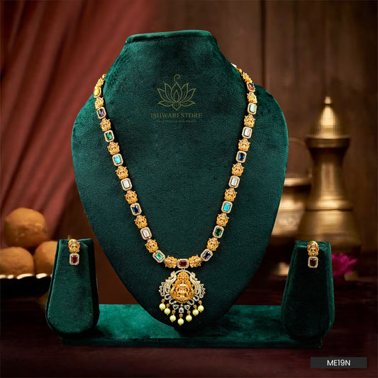AD Colored Stone With Lakshmi Pendant Necklace Set (ME19N)