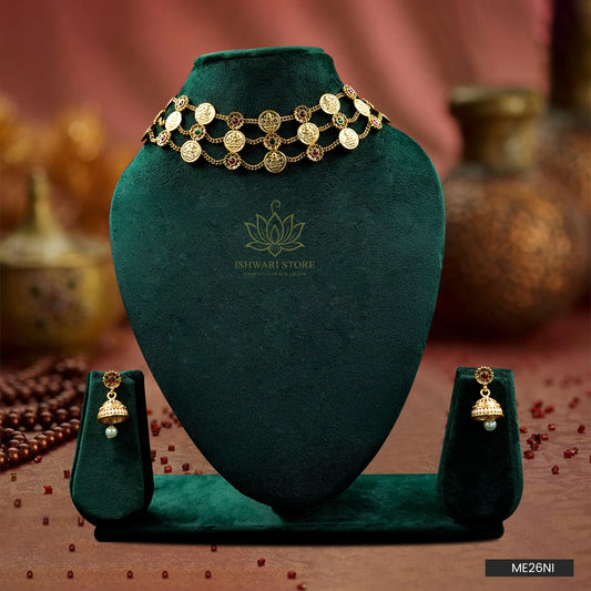 3 Layer Lakshmi Coin Choker Necklace Set (ME26N1)