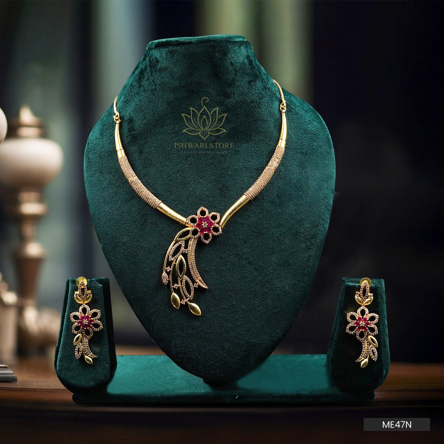 Gold Plated Ruby Flower and Leaf Pendant AD Necklace Set (ME47N)