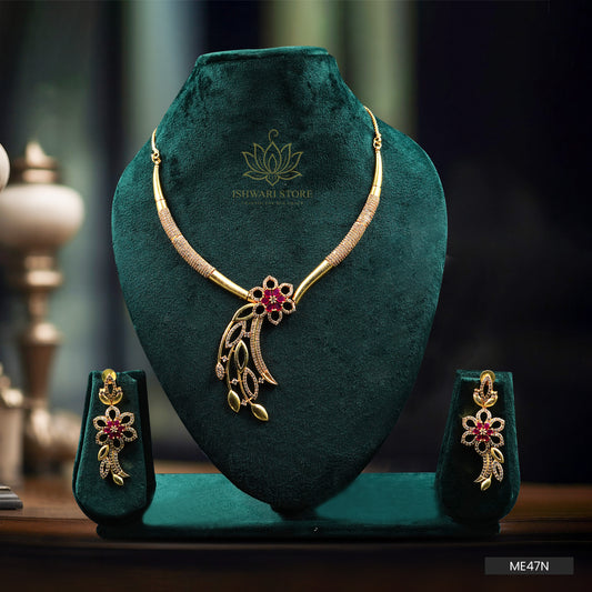 Gold Plated Ruby Flower and Leaf Pendant AD Necklace Set (ME47N)