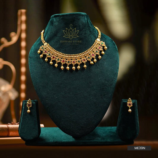 Multi Floral Hanging Gold Beads Necklace Set (ME39N)
