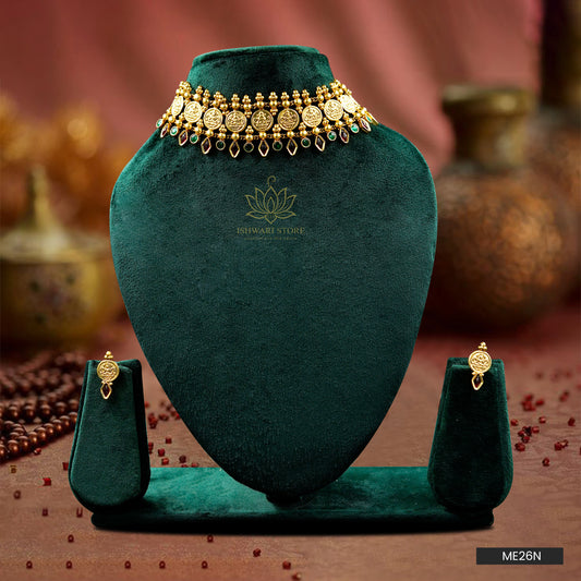 Lakshmi Coin Choker Green Color AD Stone Necklace Set (ME26N)