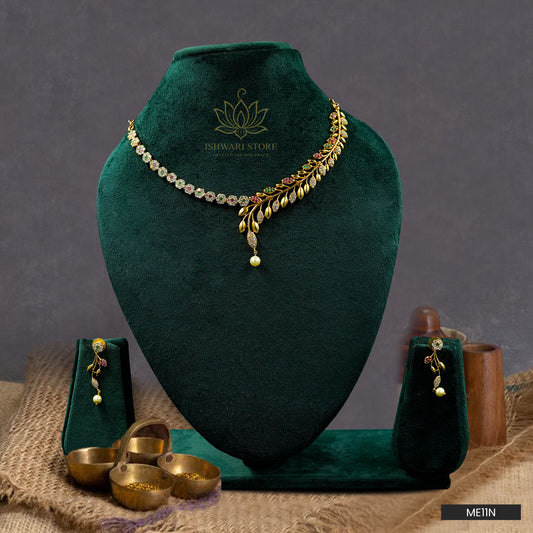 Gold Plated Multi Colored AD Leaf Style Necklace Set (ME11N)
