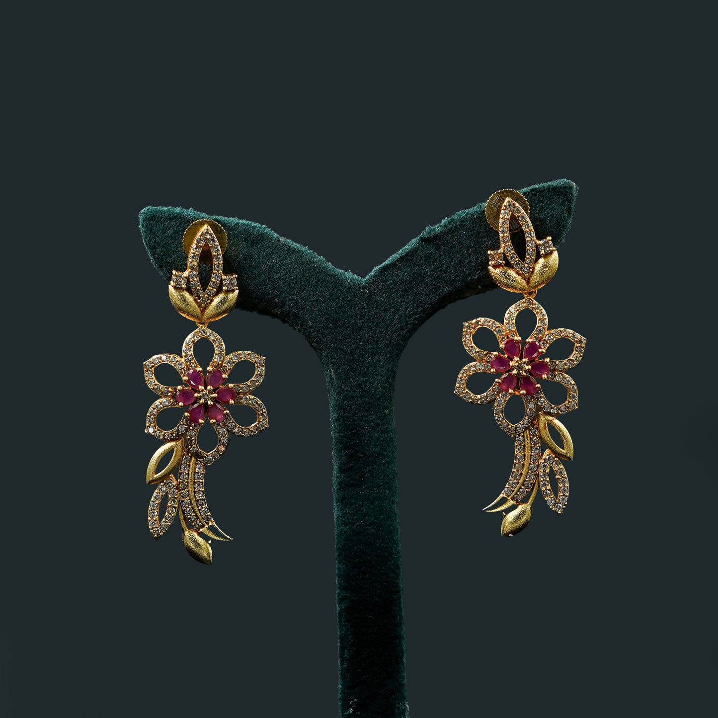 Gold Plated Ruby Flower and Leaf Pendant AD Necklace Set (ME47N)