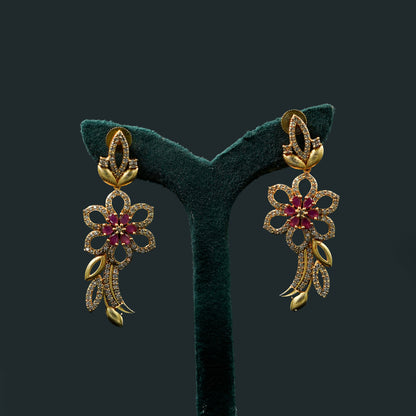 Gold Plated Ruby Flower and Leaf Pendant AD Necklace Set (ME47N)