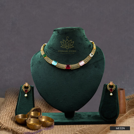 Gold Plated Multi Gemstone Necklace Set (ME32N)
