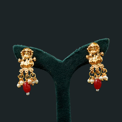 Temple Jewellery With Red Bead Hanging Pendants Neckpiece Set (ME5N)
