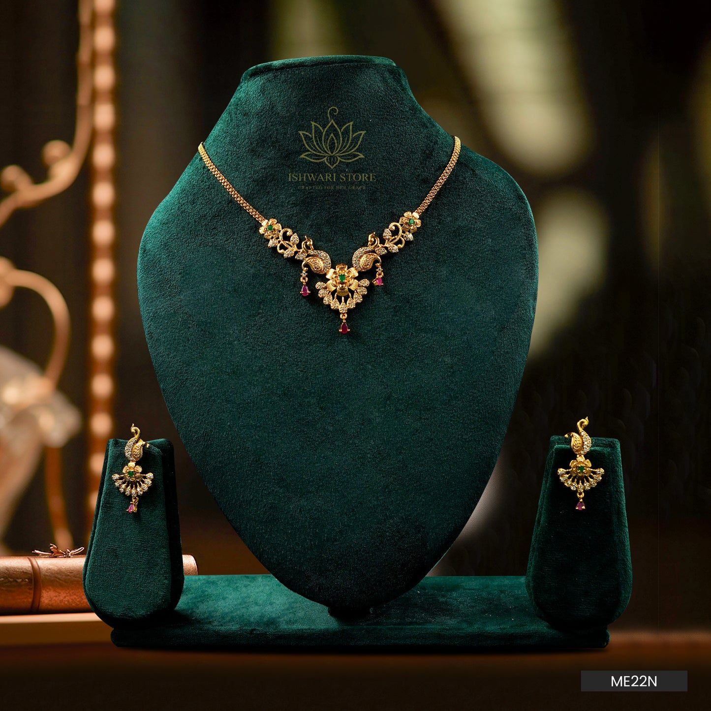 Gold Plated AD Stone-Peacock and Flower Style Neckpiece Set (ME22N)