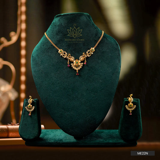 Gold Plated AD Stone-Peacock and Flower Style Neckpiece Set (ME22N)