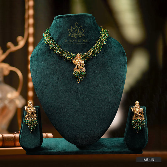 Green Cluster Bead Chain With Sree krishna Pendant Neckpiece Set (ME41N)