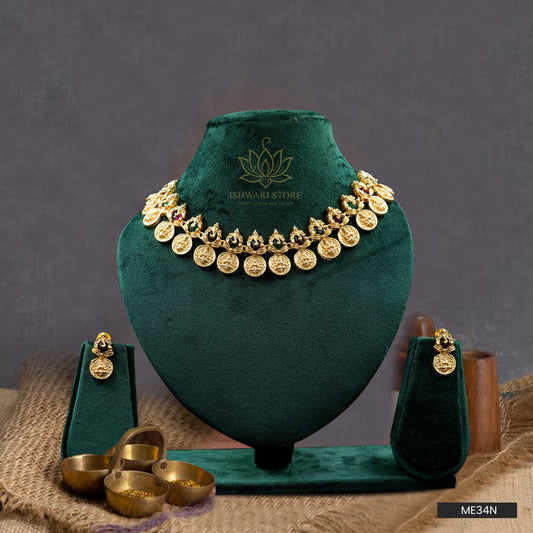 Gems Stone Multi Coin Temple Necklace Set (ME34N)