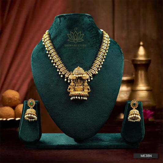 Matte Gold Plated Temple Lakshmi Short Necklace Set (ME38N)