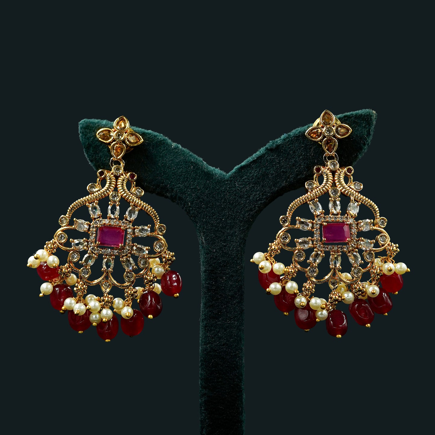 Matte finish ruby-white beaded block stone necklace (ME14N)