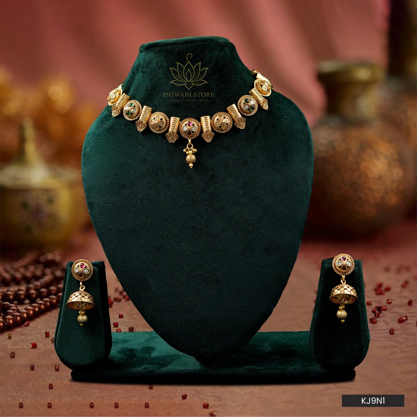 Ishwari Antique Gold-Plated Temple Necklace Set  (KJ9N1)