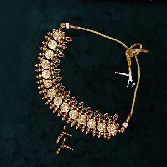 Lakshmi Coin Choker Green Color AD Stone Necklace Set (ME26N)