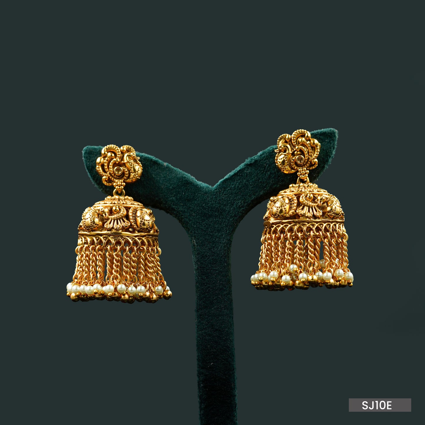 Antique Gold Chain Jhumkas with Pearl Drops (SJ10E)